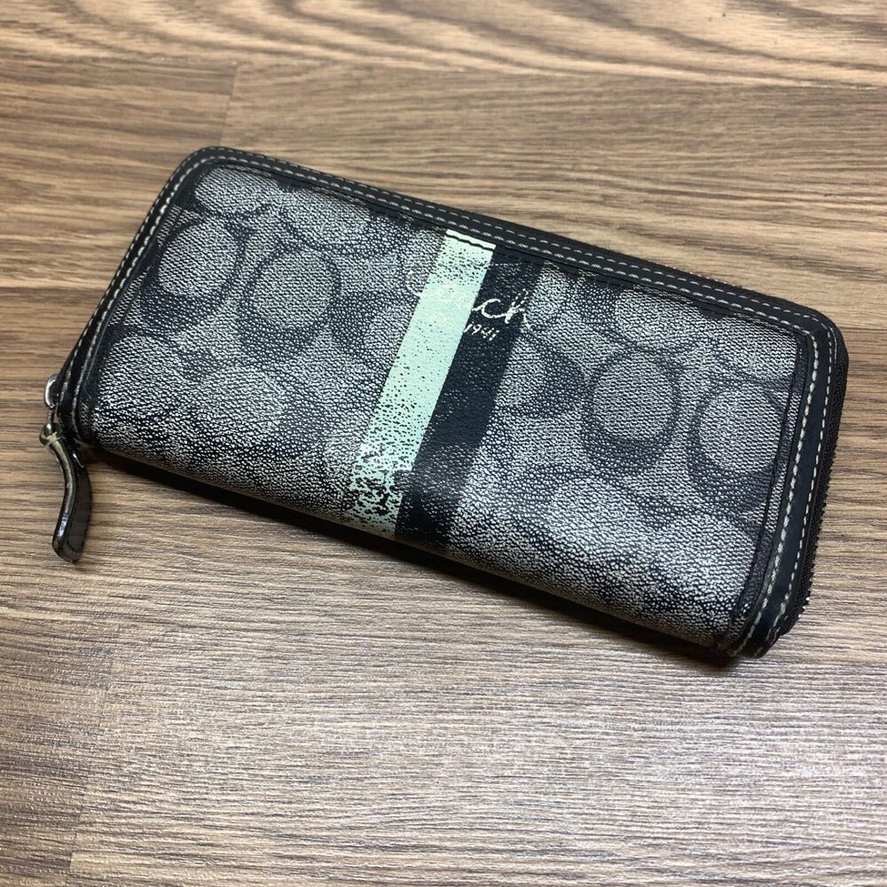 Coach Signature Canvas / Leather Black Accordion Zip Around Long Wallet